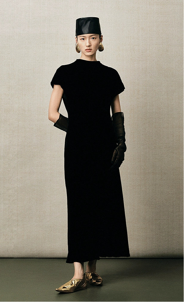 ZHUCHONGYUN crew neck short sleeve black slim long dress-REI.