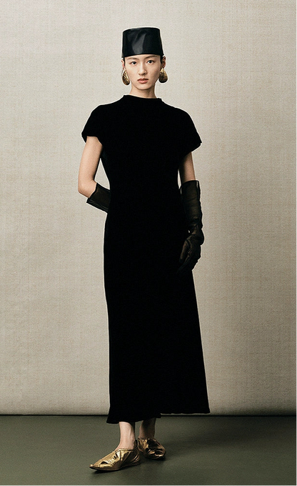 ZHUCHONGYUN crew neck short sleeve black slim long dress-REI.