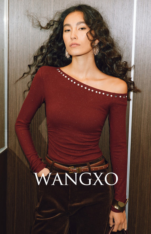 WANGXO |Silver Velvet Knit Slanted Collar Off-Shoulder Waist Top -SENA.