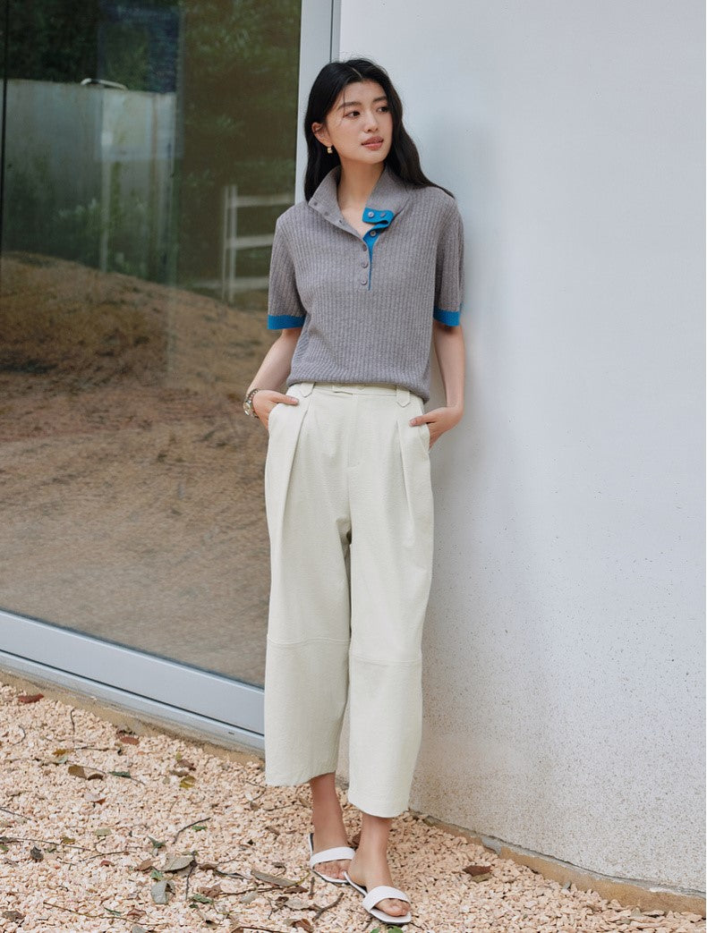 SUSHE Fengyu linen texture floral yarn sleeve polo lapel knit sweater-AVA