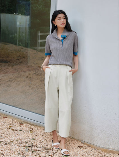 SUSHE Fengyu linen texture floral yarn sleeve polo lapel knit sweater-AVA