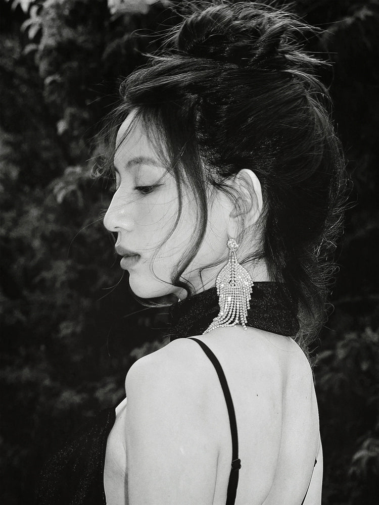 DOLLY High End Full Diamond Tassel Chic Earring-BOMA