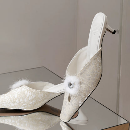 B-FEI embellished white slip-on low heel mule shoes-NIKO.