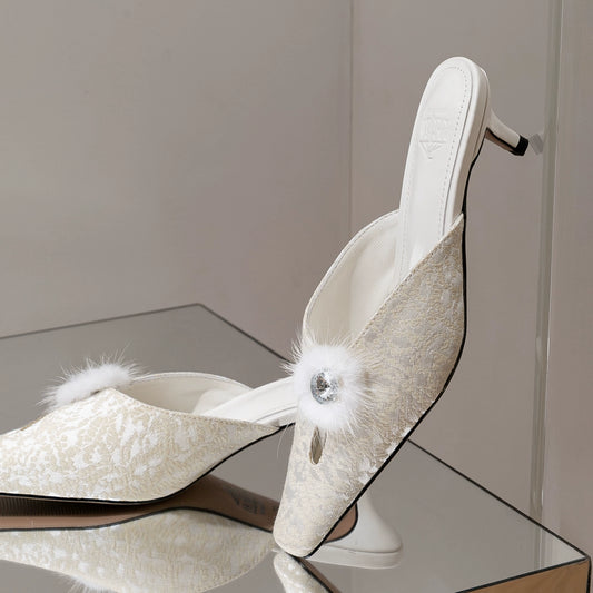 B-FEI embellished white slip-on low heel mule shoes-NIKO.
