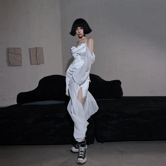 DOLLY Elegant White Off Shoulder Long Puff Sleeves Chic Short Dress-GAZE