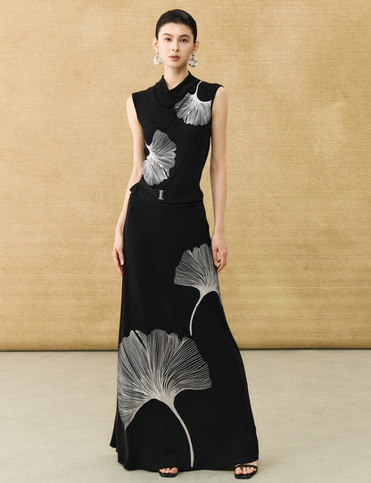 HECO Chinese Draped Summer Heavy Industry Ginkgo Biloba Print Slim Skirt - COLS.