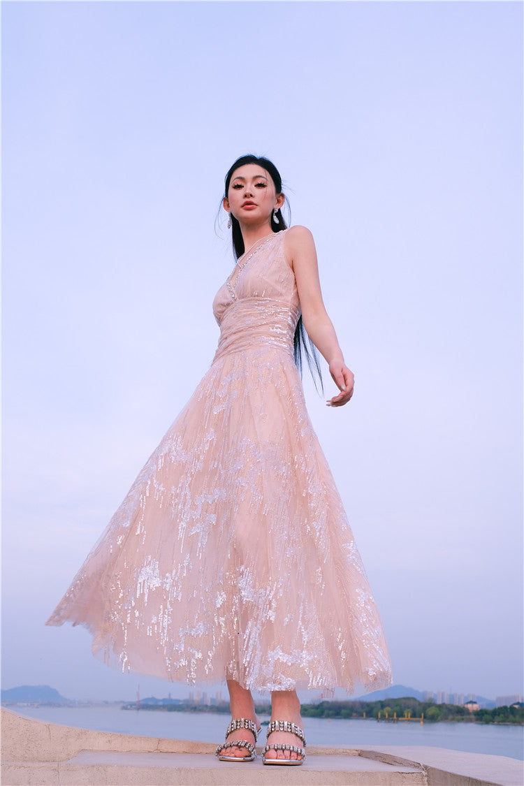 Wardrobes by Chen High End Sleeveless Wrap Embroidered Bead Dress-Sama