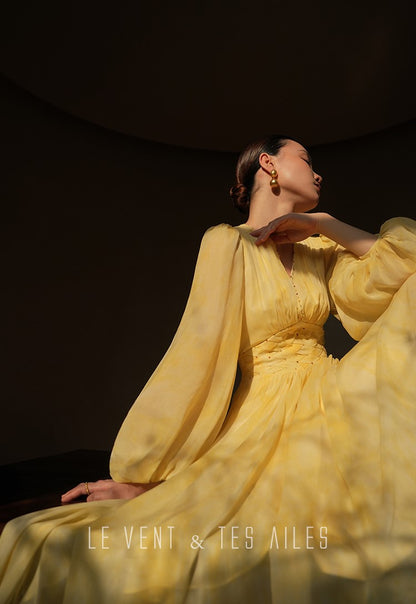 LE VENT&TES AILES 100% Silk French Haute Smudge V-Neck midi yellow Dress - FAYE