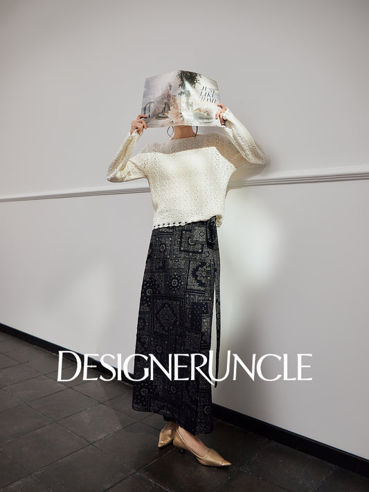 DGU|Dark Blue Printed Retro Lazy Style Design High-waisted A-Line Skirt - Antonio.