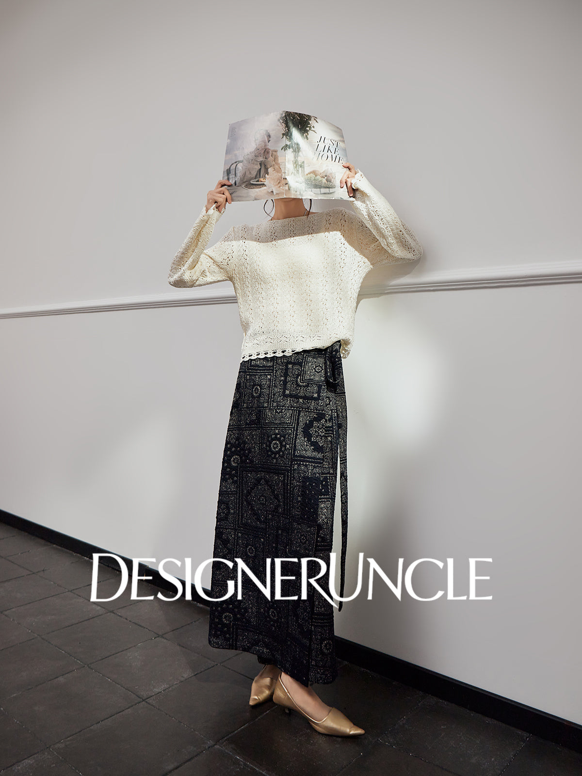 DGU|Dark Blue Printed Retro Lazy Style Design High-waisted A-Line Skirt - Antonio.