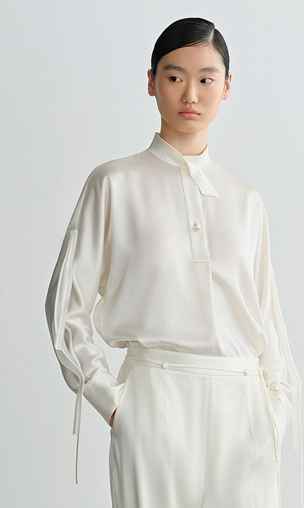 COMME MOI Lv Yan Designer Summer Women's Half Placket Gauze Strip satin  Top - REMI.