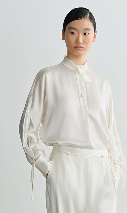 COMME MOI Lv Yan Designer Summer Women's Half Placket Gauze Strip satin  Top - REMI.