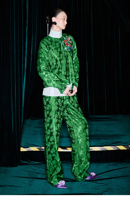 M essential Mackay designer emerald green silk thread embroidered top  pants set- zim.