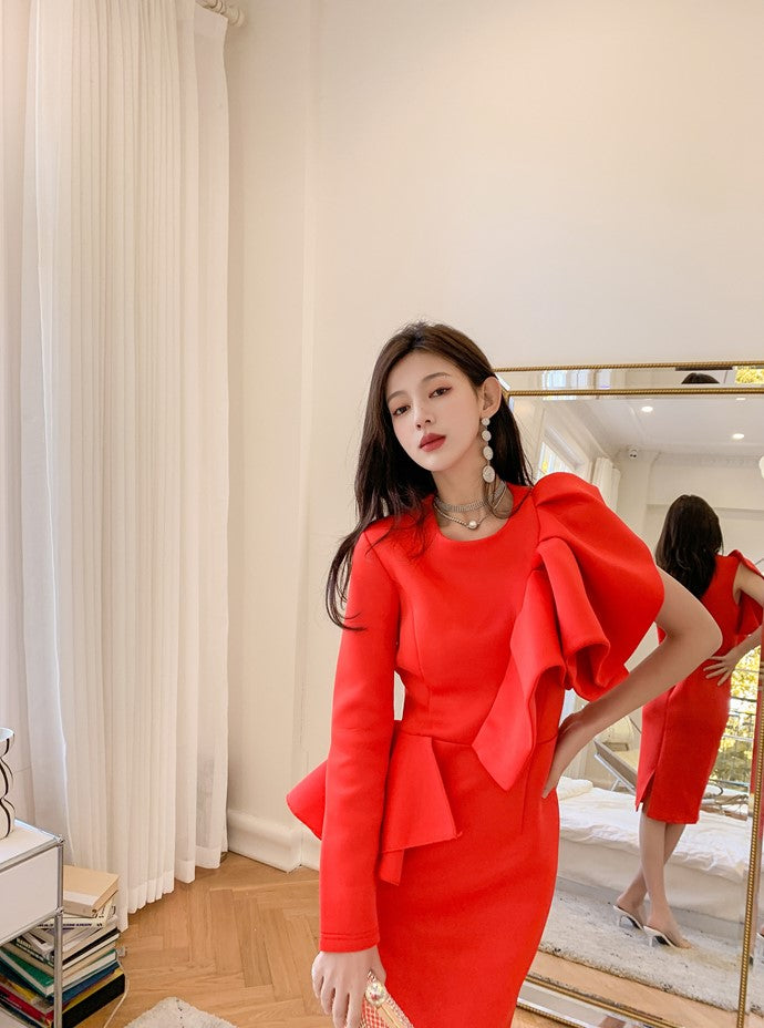 DOLLY Elegant Red Sloping Shoulder Ruffle Long Sleeve Midi Dinner Dress-KIMBRA