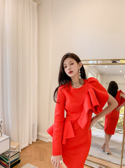 DOLLY Elegant Red Sloping Shoulder Ruffle Long Sleeve Midi Dinner Dress-KIMBRA