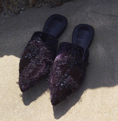 B-FEI black women's lazy pointed embroidered flat mules-MARIT.