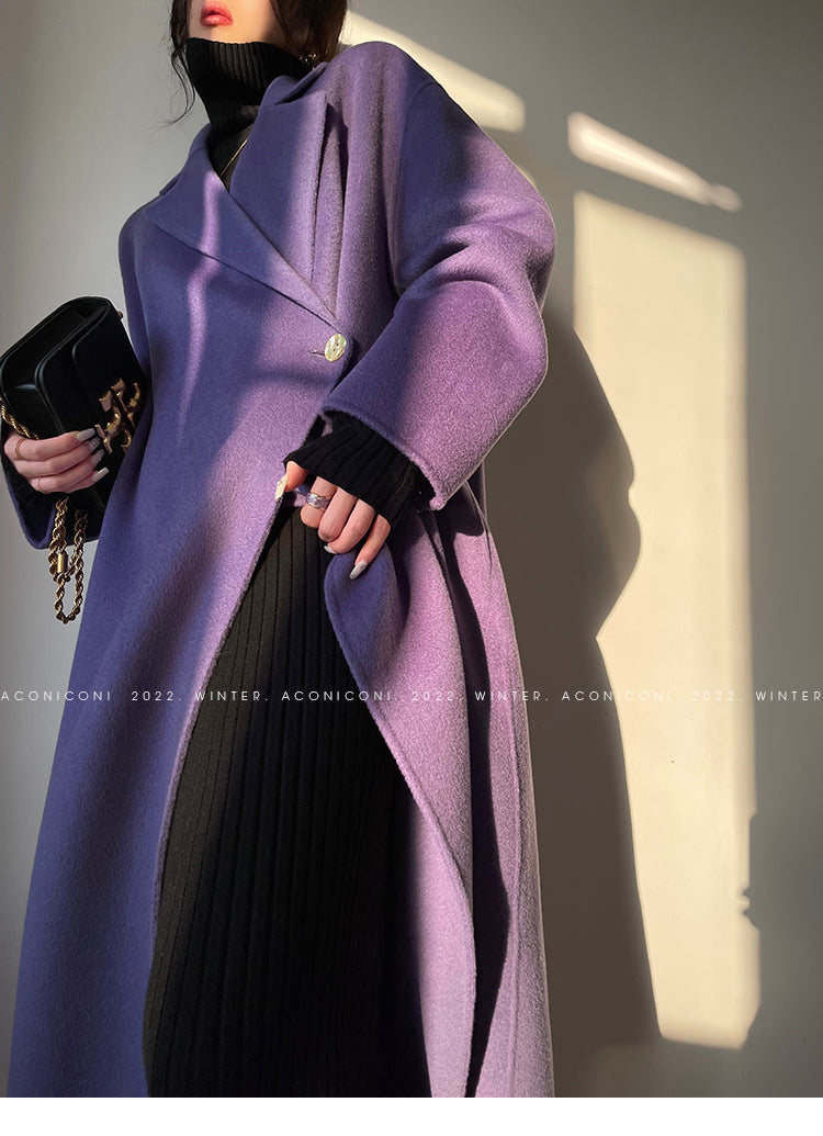 Aconiconi Luxury Purple Lapel Long Sleeve Long Straight Winter Coat- Taro