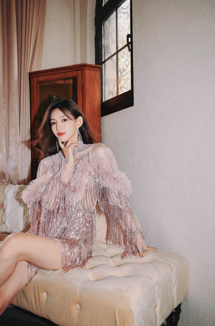 DOLLY High End Retro Style Sliver V-Neck Sleeveless Sequin Long Evening Dress-QUEENETH