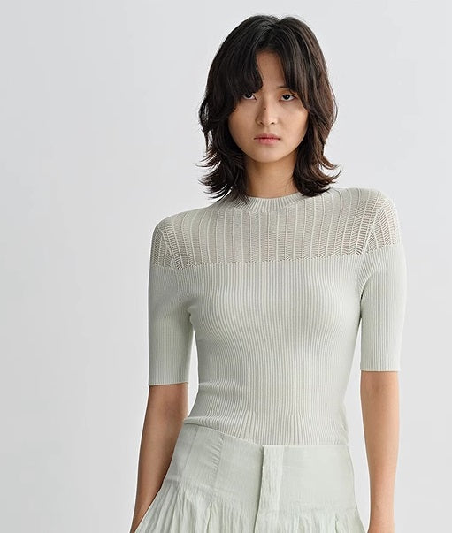 COMME MOI summer women's middle sleeve cut-out knit top - PHILIP.