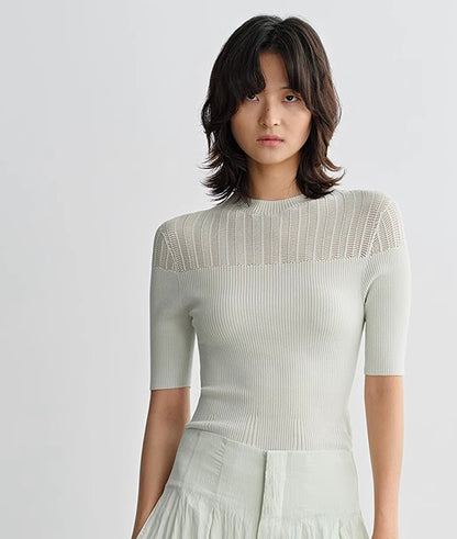 COMME MOI summer women's middle sleeve cut-out knit top - PHILIP.