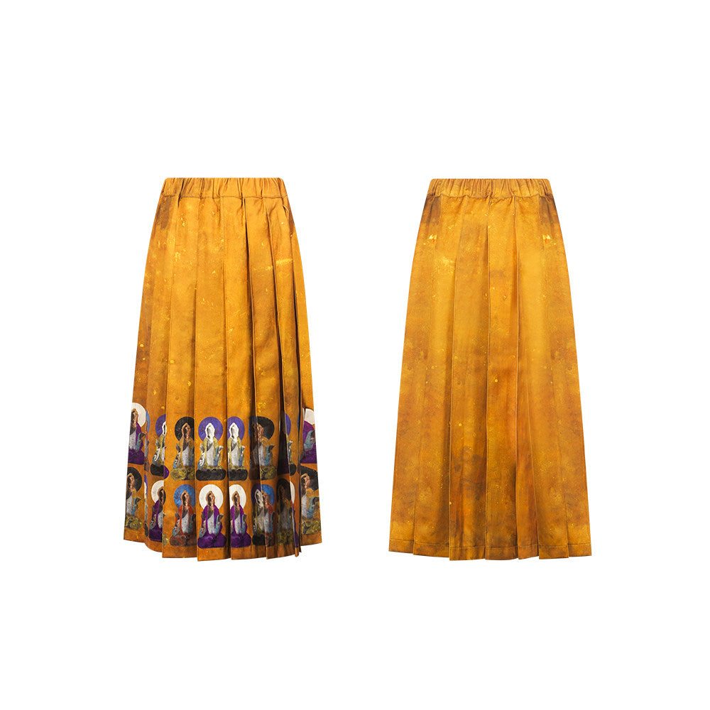 TUYUE Dunhuang Mural Print Satin Pleated Skirt- ELLA.
