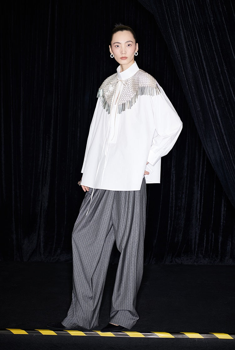 M essential Mackay designer handmade chain mail fringe embellished collar shawl - SIND.