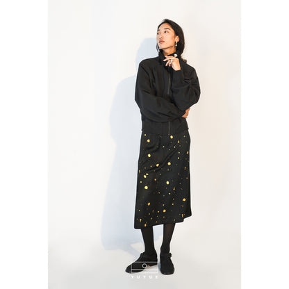TUYUE Style Black Acetate Satin Hot Stamping Slit Skirt - LUCA.