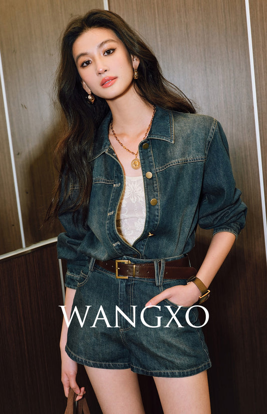 WANGXO | Sophisticated Denim Shirt & Shorts Outfit Set - LUXOR.