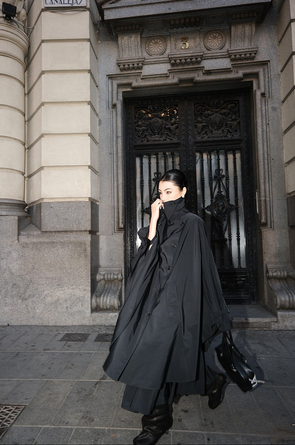 MEI SANGUAN black double-breasted trench coat &A-line skirt set - GALATEA