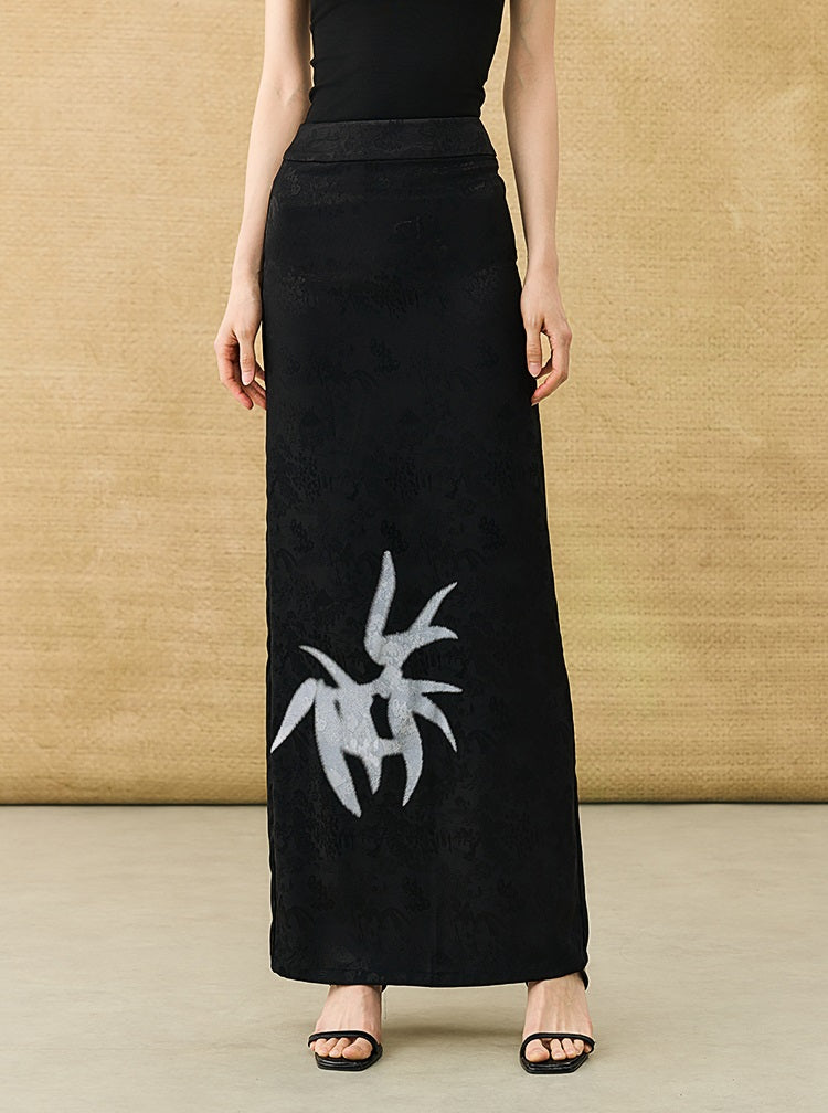 HECO Chinese high-end acetate bamboo feminine temperament printed slit skirt - COLT.