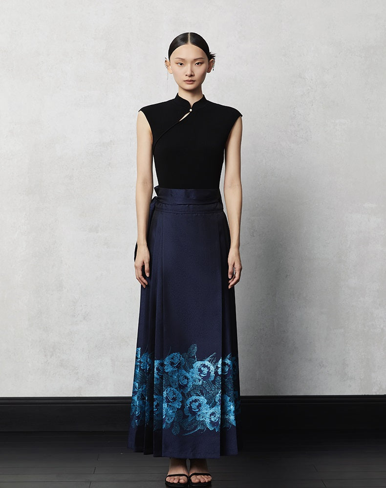 HECO Woven Gold Pattern Blue Horse Face Pleated High Waisted Skirt - tech.