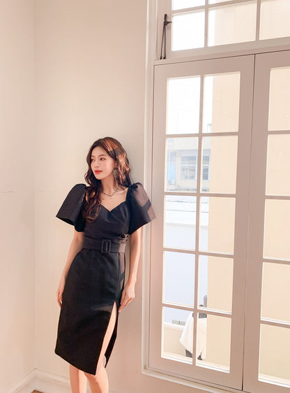 DOLLY Luxury Black Retro V-Neck Short Puff Sleeve Midi Luncheon Dress-SUSU