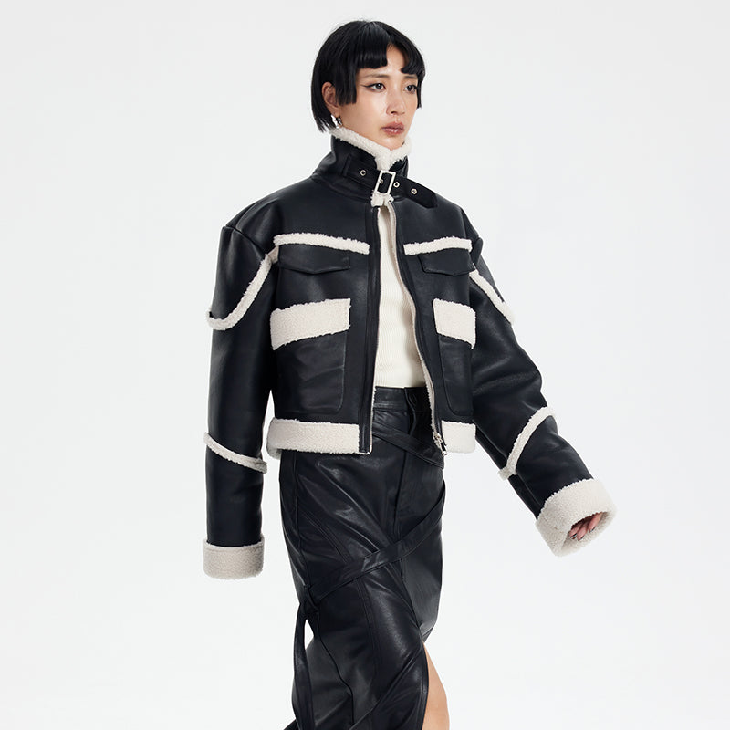 TINY IN black and white contrasting stitched fur leather biker jacket -MIKE