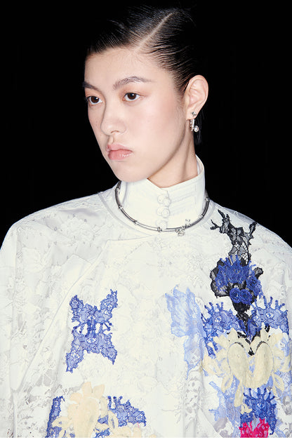 M essential Mackay designer White Lace atelier layered lace inlay top blue velvet pant- olay.