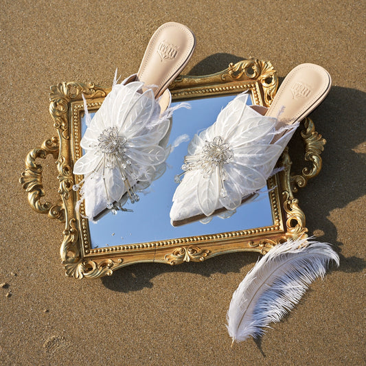 B-FEI white feather flower rhinestone flat mules-ARJO.