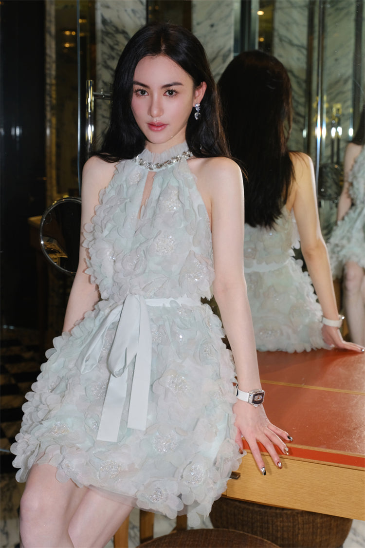 Wardrobes by Chen Luxury Pastel Green Ribbon Floral wedding guest bridal Dress-Onna