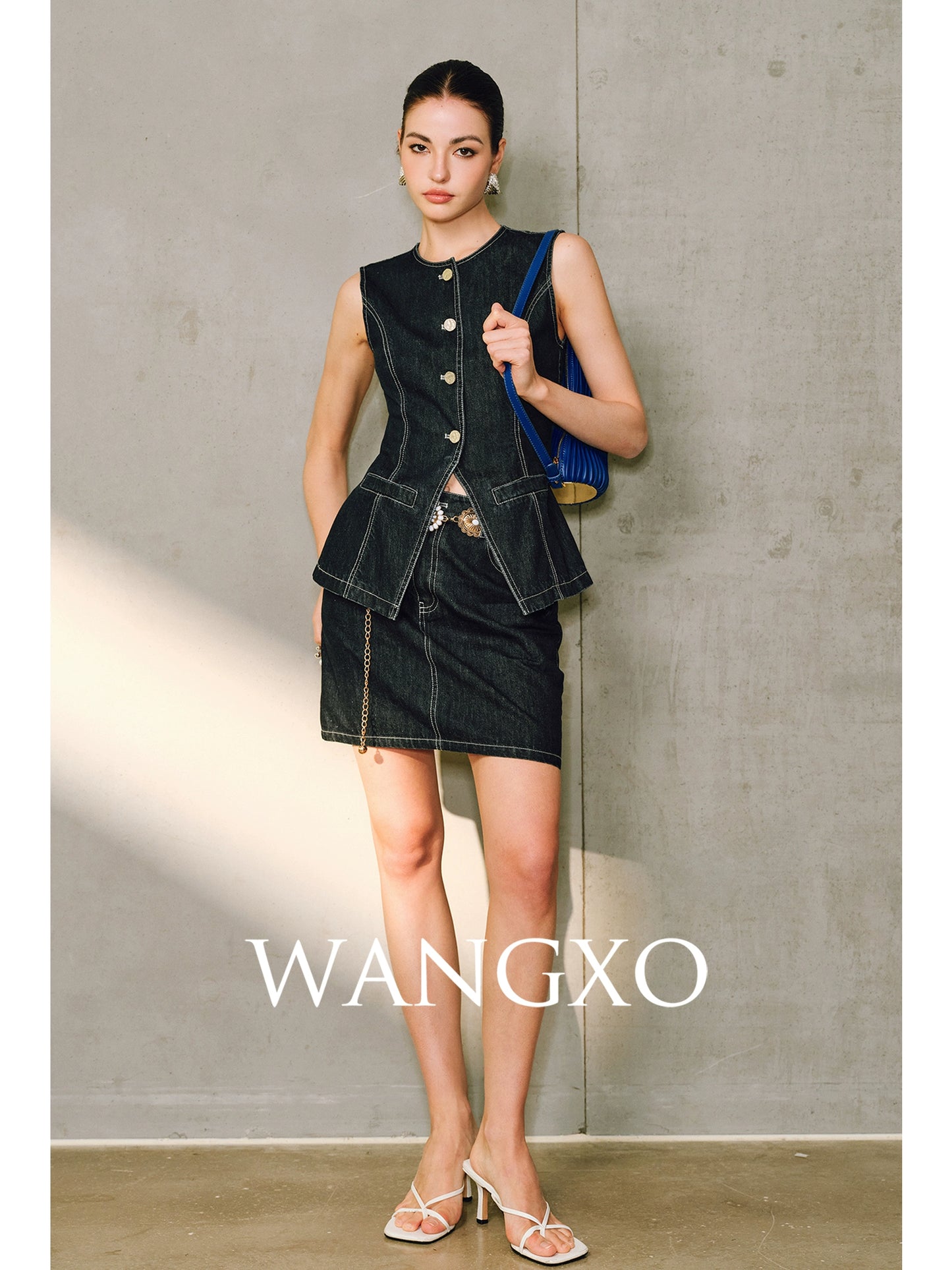 WANGXO | Denim with High-Quality Cotton Blend Waist Contrast Line Denim Vest & Skirt Set -ZIVA