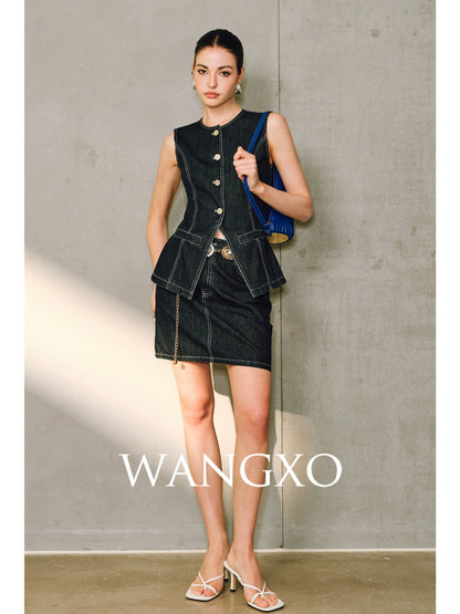 WANGXO | Denim with High-Quality Cotton Blend Waist Contrast Line Denim Vest & Skirt Set -ZIVA