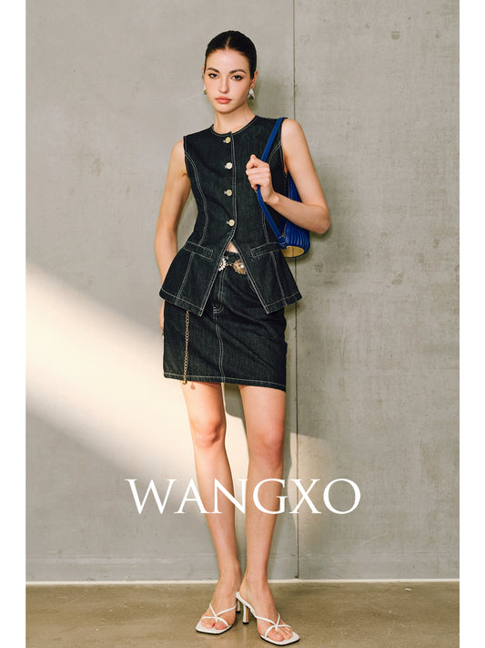 WANGXO | Denim with High-Quality Cotton Blend Waist Contrast Line Denim Vest & Skirt Set -ZIVA