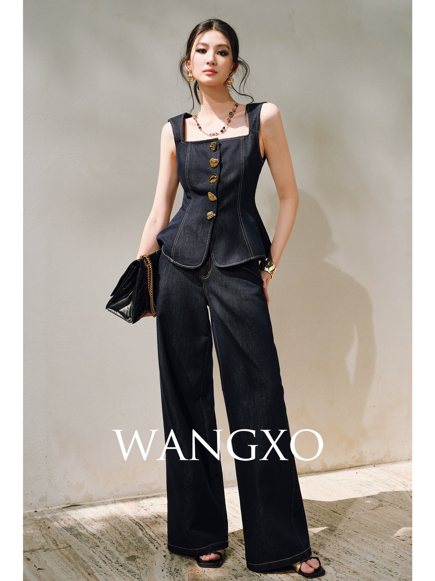 WANGXO | Light-Breathing Tencel Cotton Custom Metal Buckle Vest & Wide-Leg Pants Retro Denim Suit-YARA