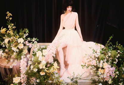 DOLLY Elegant Peach Mesh Off Shoulder Sleeveless High Waist Tutu Dress-MEDUSA  (V)