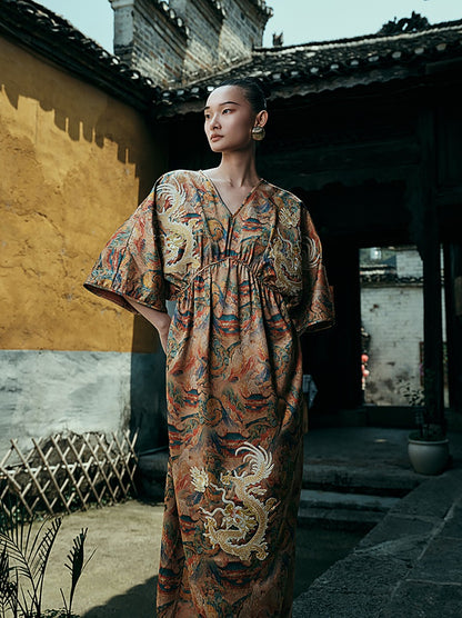 HECO Chinese Waist Cinched V-Neck Dress - QIN