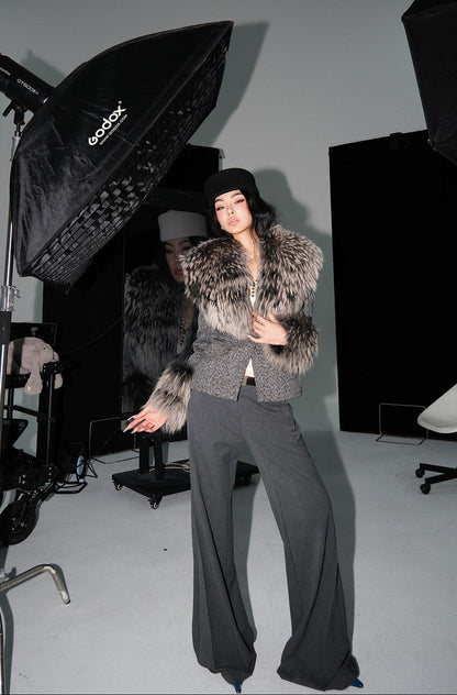 MEI SANGUAN Fur-Trimmed Slim Wool Jacket - CALLIOPE