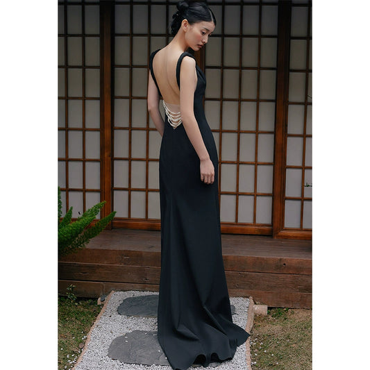GOUDIN elegant black low back long evening dress-LINA.