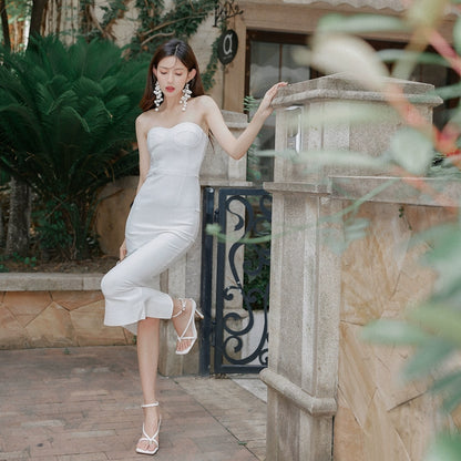 DOLLY Luxury White Simple Off Shoulder Tube Top Slim Fit Hip Hug Banquet Dress-BORA