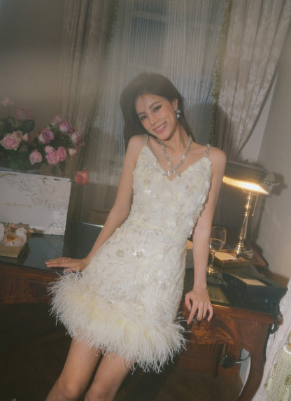 Wardrobes by Chen Luxury V-Neck Sleeveless Floral Feather Short bridal Dress-Shife