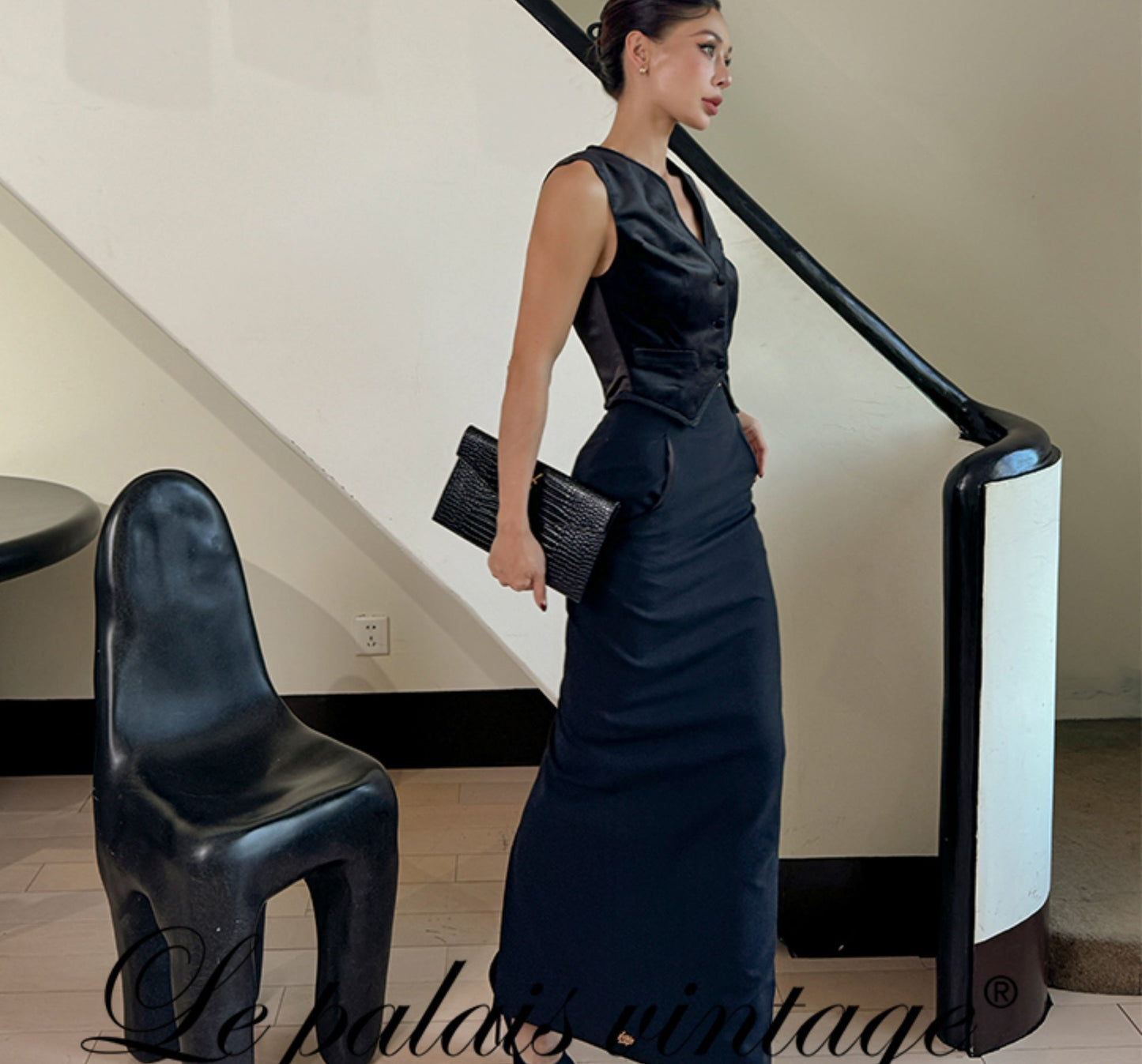 Le Palais Vintage Elegant Retro Black Velvet Stylish Three Piece Suit Set-LISI.