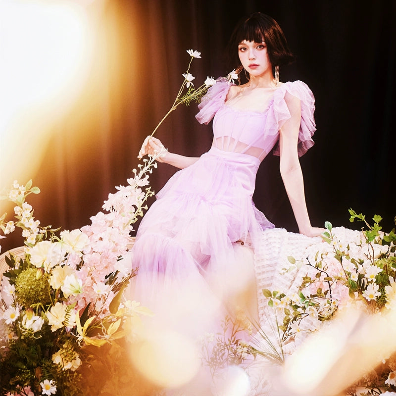 DOLLY High End Square Collar Short Ruffle Sleeves High Waist French Style Dress-MARIANA