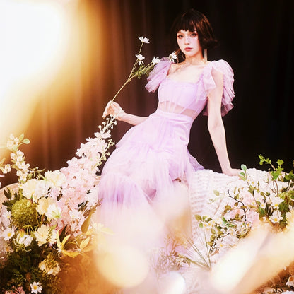 DOLLY High End Square Collar Short Ruffle Sleeves High Waist French Style Dress-MARIANA