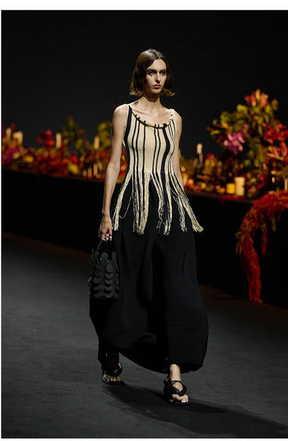 MAYALI contrast tassels khaki panels black stripes, summer dress - riiie